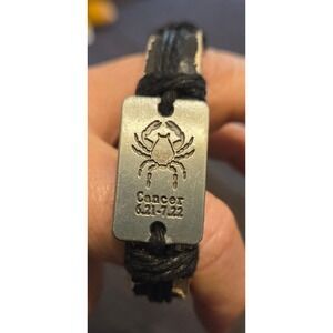 Cancer Zodiac Bracelet Leather Cord Adjustable Metal Plate Crab Sign Black Brown